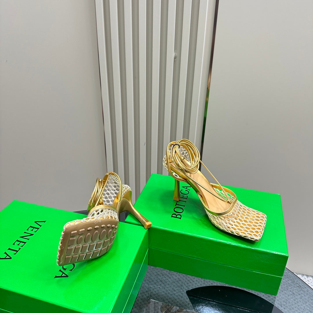 STRETCH HIGH HEELS 9 CM IN GOLD METALLIZE MESH AND LEATHER