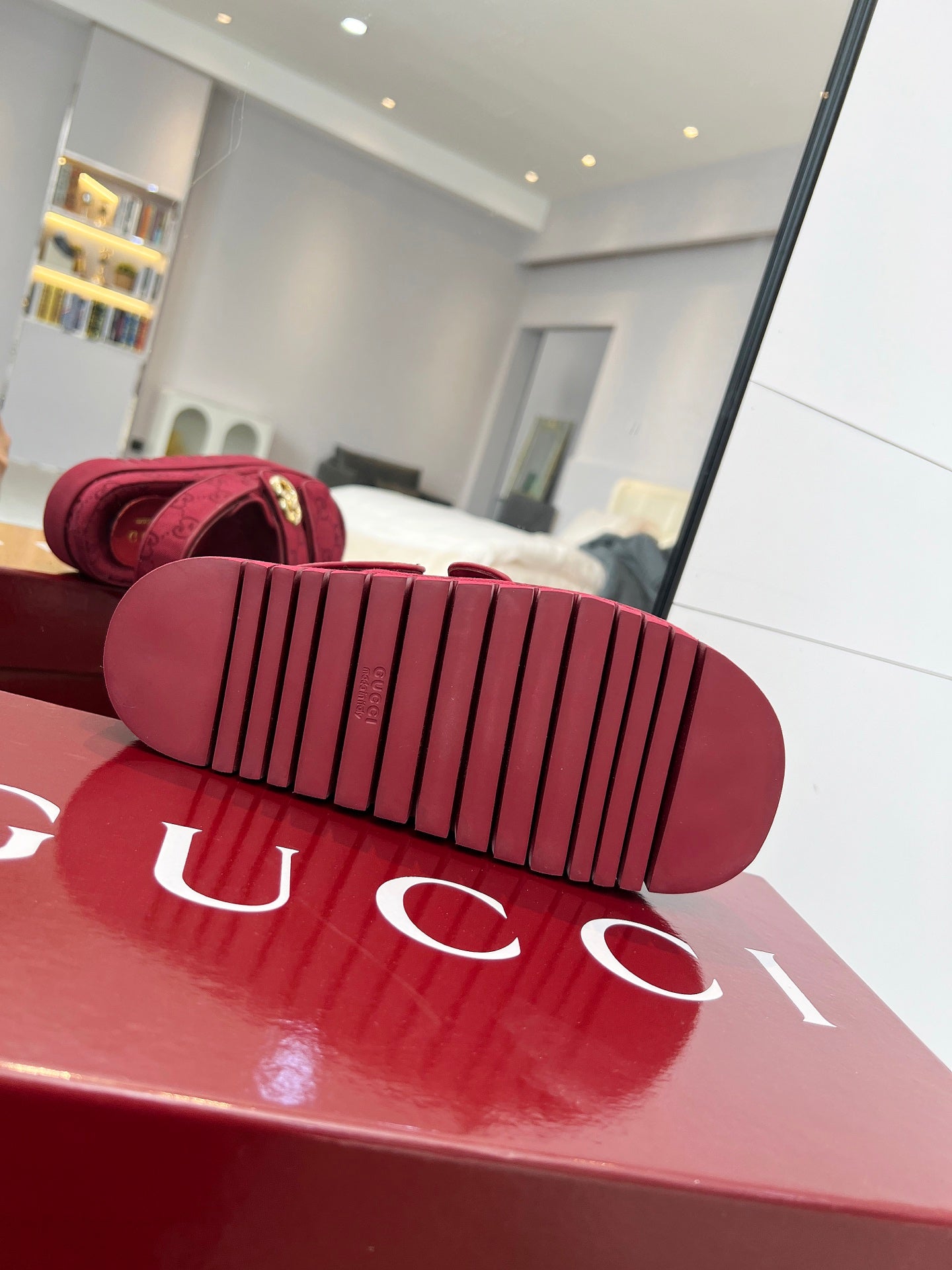 VELCRO STRAP SANDALS IN BRICK RED MONOGRAM CANVAS GOLD HARDWARE