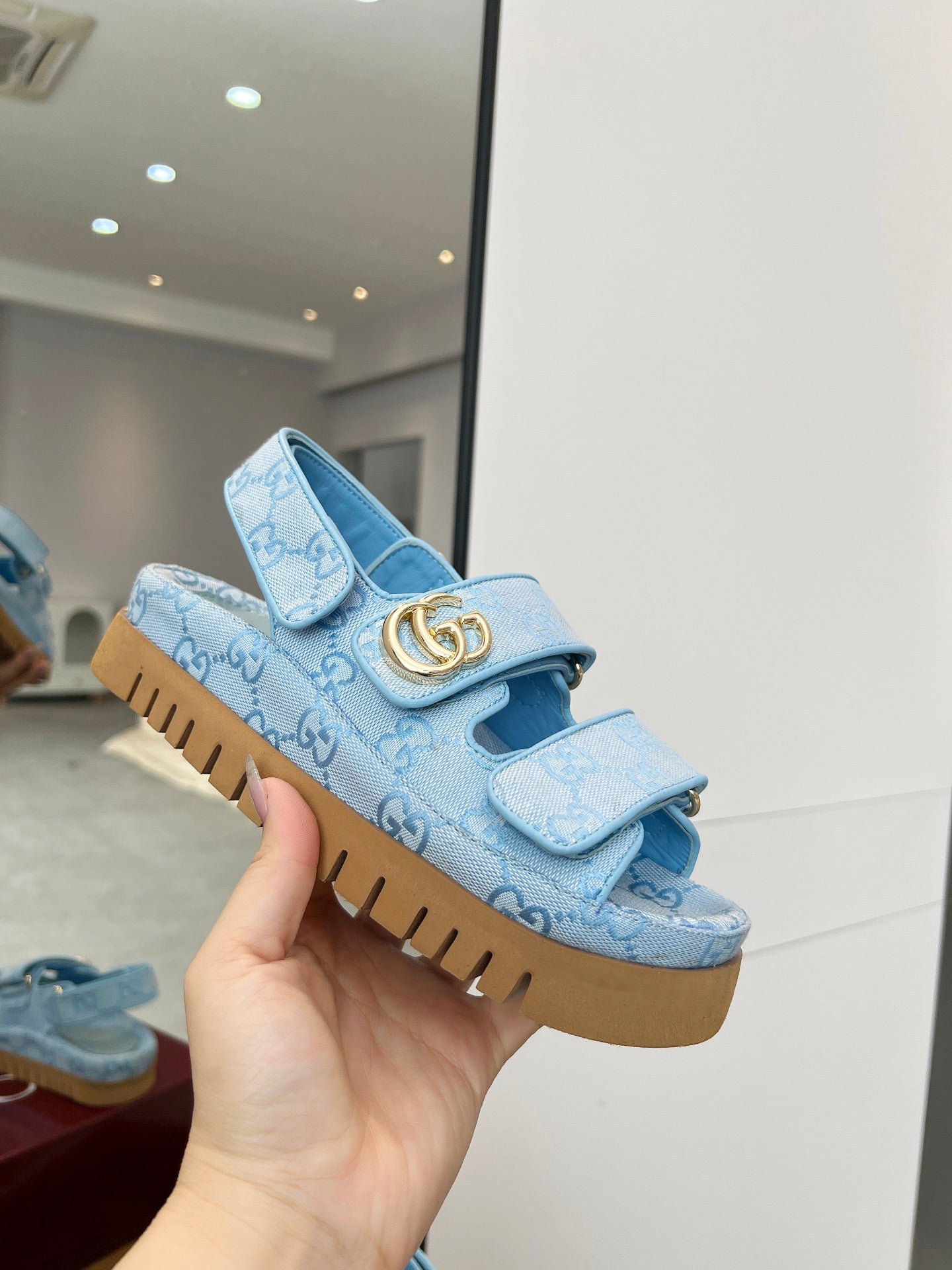 VELCRO STRAP SANDALS IN SKY BLUE MONOGRAM CANVAS GOLD HARDWARE