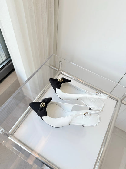 SLINGBACKS 80 MM IN WHITE CALFSKIN AND BLACK CANVAS