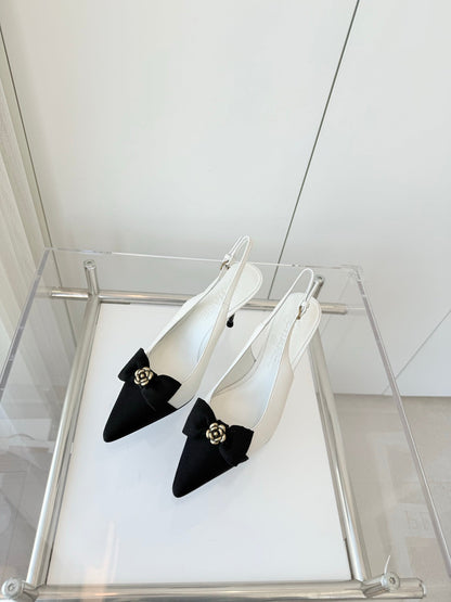 SLINGBACKS 80 MM IN WHITE CALFSKIN AND BLACK CANVAS