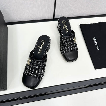 CC HIGH MULE IN BLACK MIX WHITE WOOL TWEED AND CALFSKIN