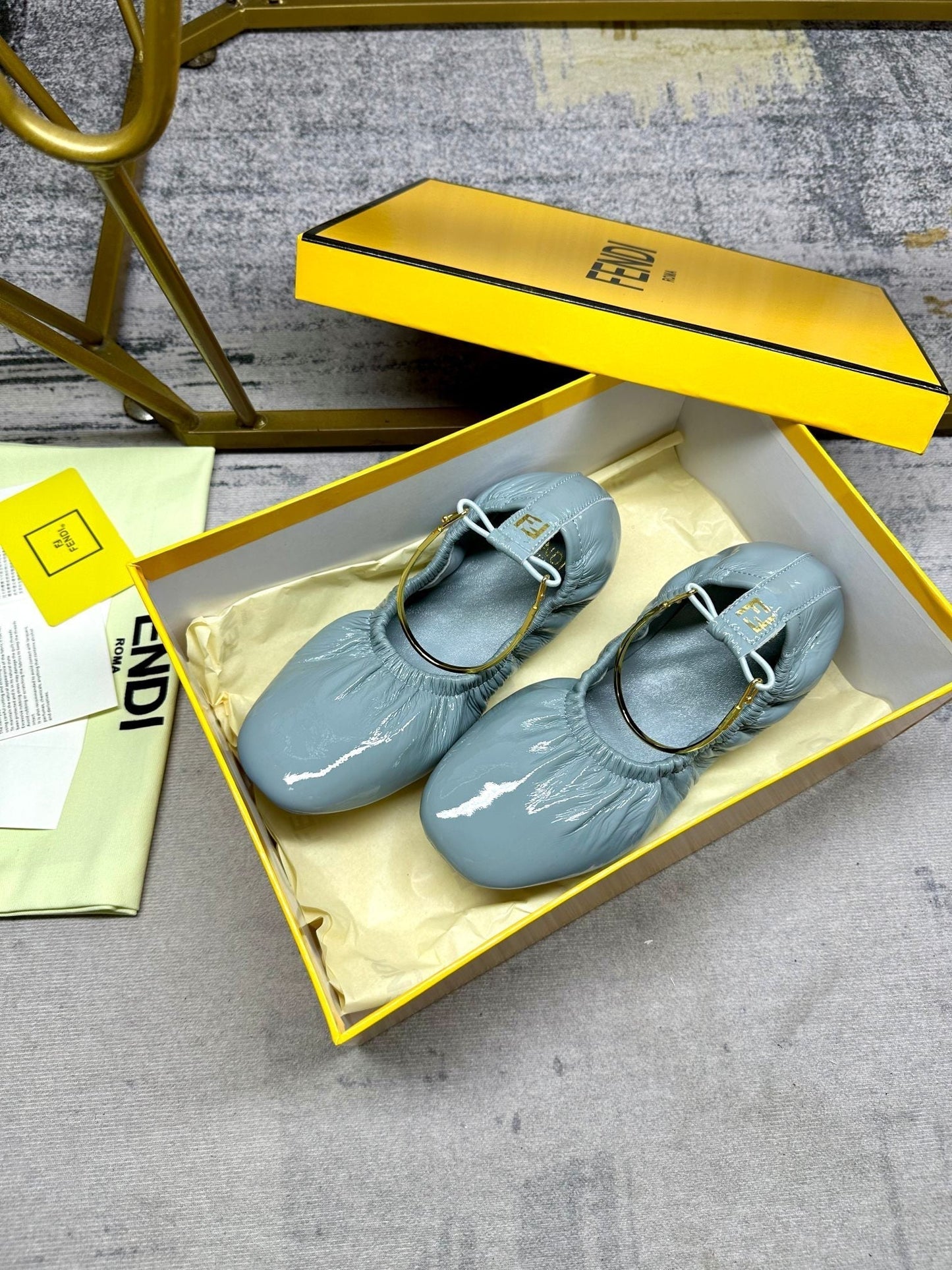 FENDI FILO BALLET IN SAPHIRE BLUE LAMBSKIN WITH GOLD HARDWARE
