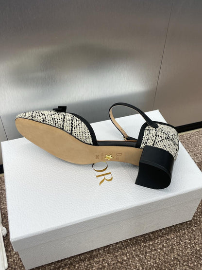 BALLET SLINGBACK PUMP IN WHITE MIX BLACK EMBROIDERED CANNAGE TWEED 35 MM