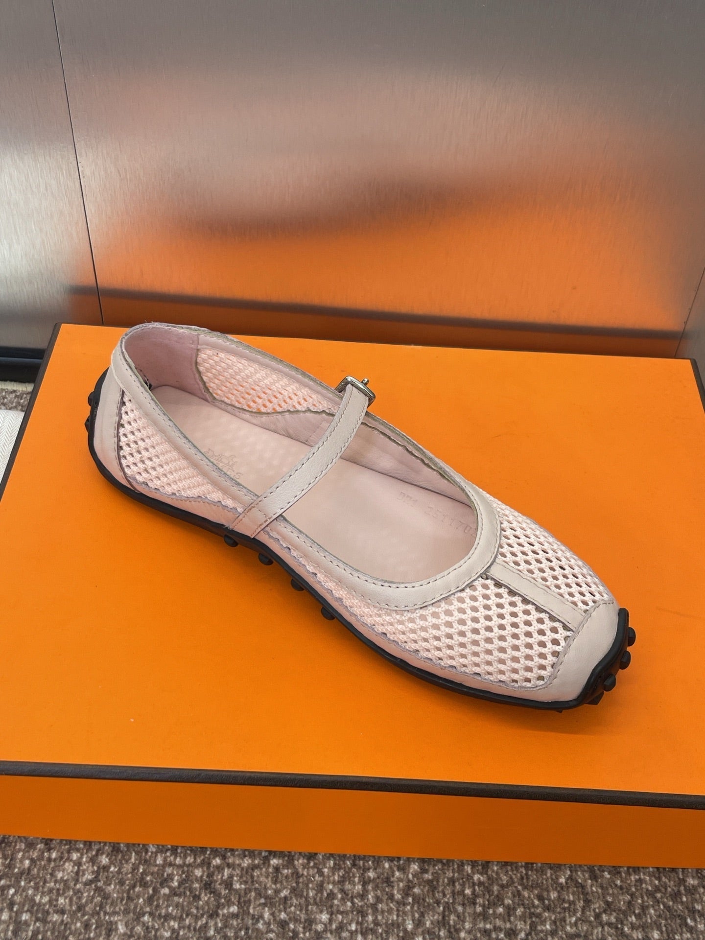 KICHU BALLET FLAT IN LIGHT PINK CROCHET KNIT AND CALFSKIN