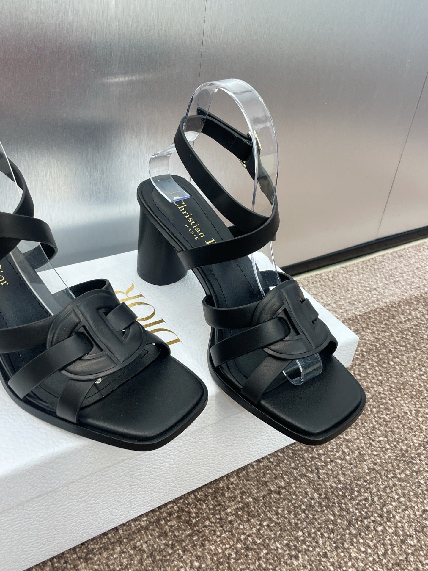 D-CLUB HIGH HEEL SLIDE 25S 80MM IN BLACK CALFSKIN