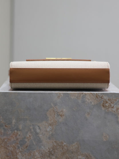 MANHATTAN SMALL 24 IN WHITE CANVAS AND BROWN CALFSKIN GOLD HARDWARE