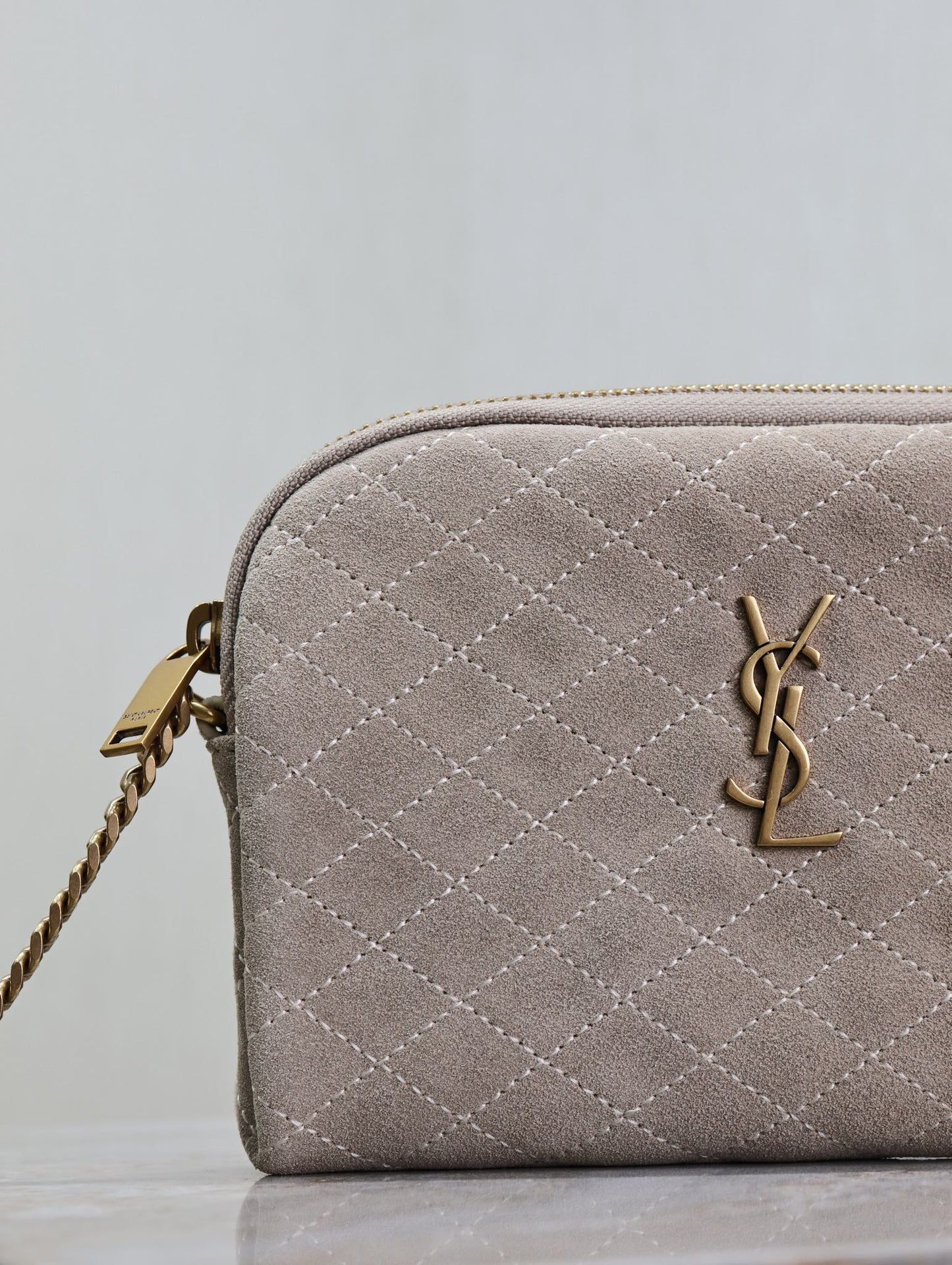 GABY ZIPPED POUCH 19 IN GRAY MATTE SUEDE GOLD HARDWARE