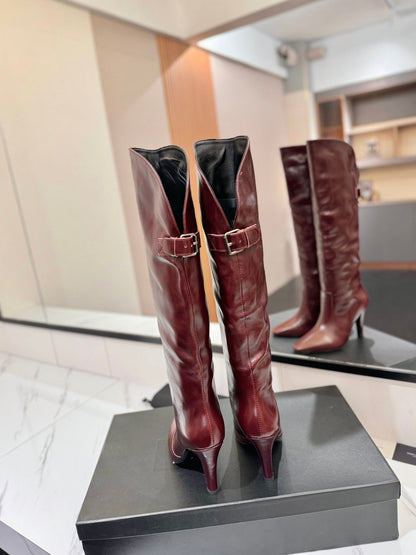 CLASSIC HIGH KNEE BOOTS IN BURGUNDY RED CALFSKIN