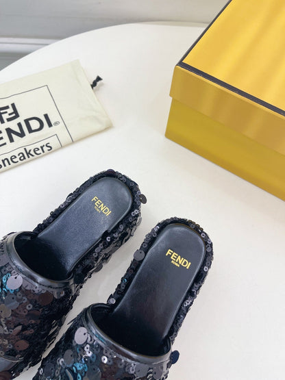 FENDI THICK SOLE 6 CM SEQUIN SLIPPER BLACK