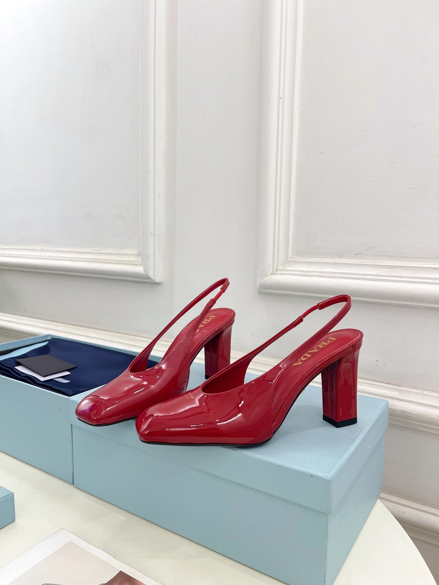 SQUARE TOE SLINGBACK PUMPS IN CRIMSON RED GLOSSY CALFSKIN