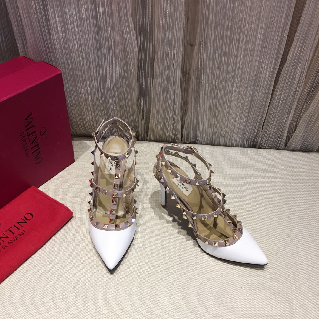 ROCKSTUD CAGED HIGH PUMP IN WHITE MIX LIGHT PINK PATENT CALFSKIN 100 MM