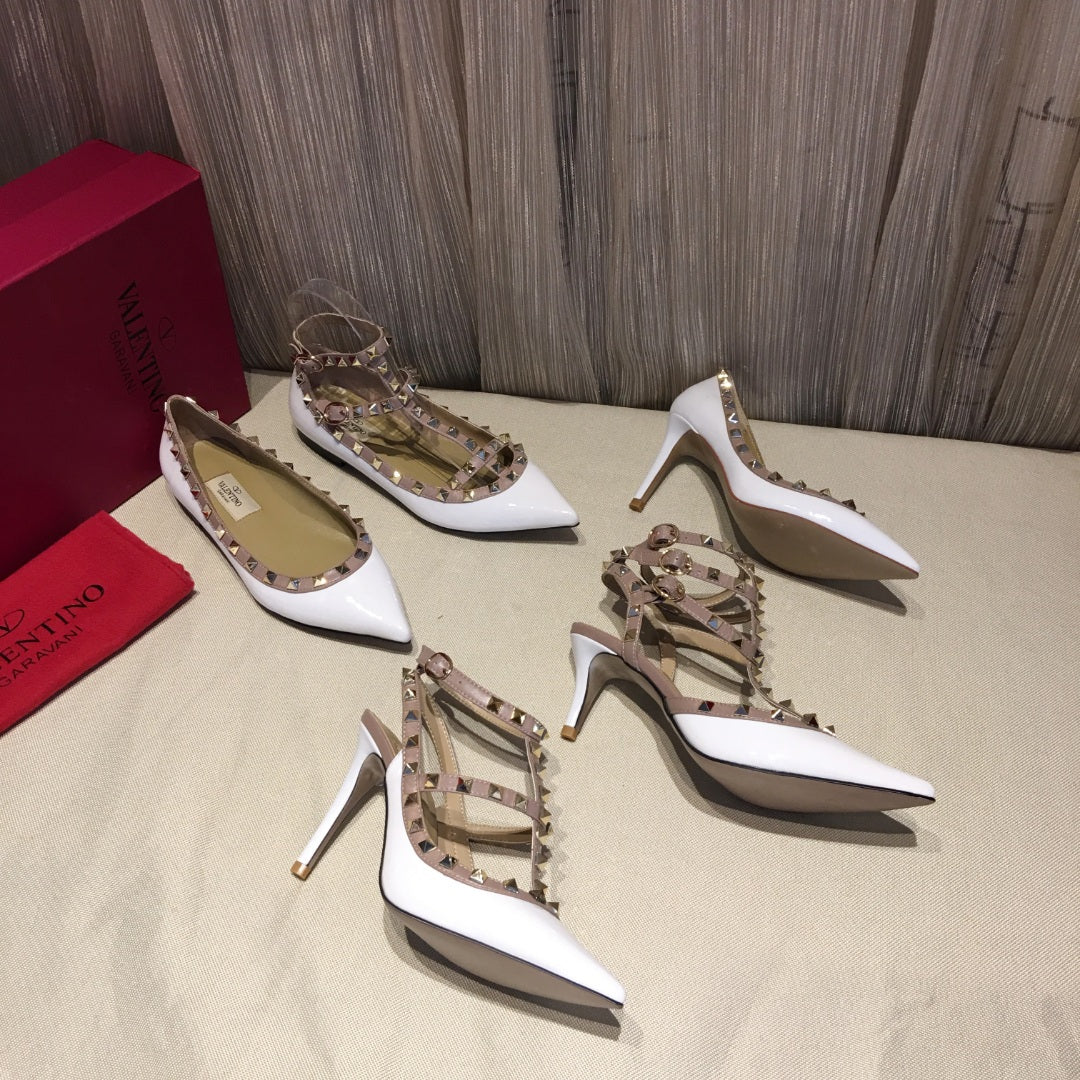 ROCKSTUD CAGED HIGH PUMP IN WHITE MIX LIGHT PINK PATENT CALFSKIN 100 MM