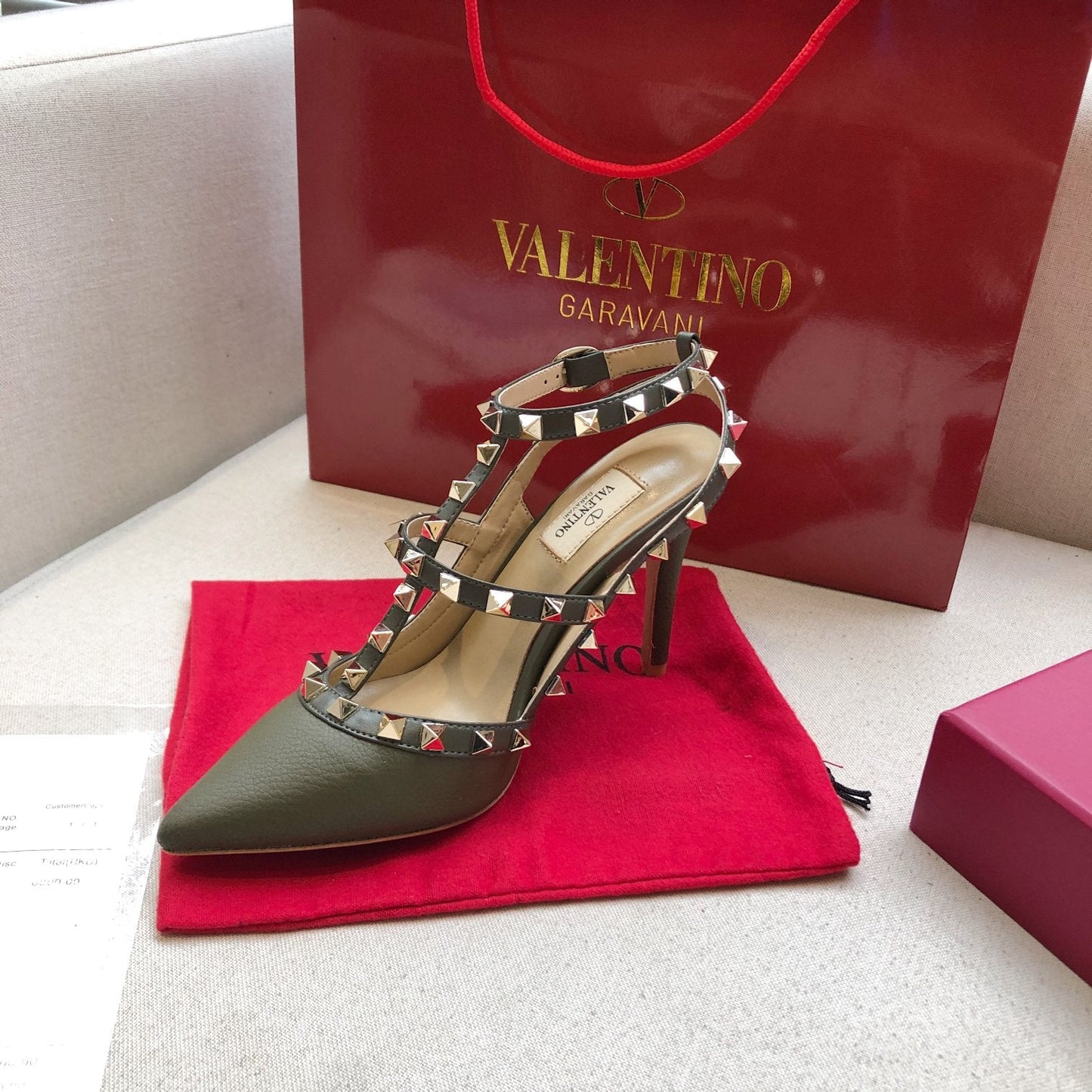 ROCKSTUD MOSS GREEN METALLIC CALFSKIN ANKLE STRAP HIGH SANDAL