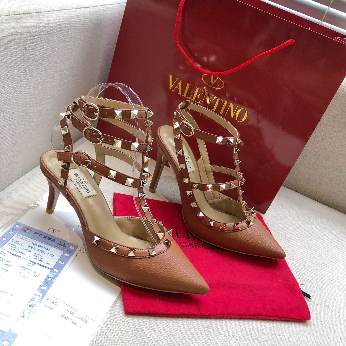 ROCKSTUD BRONZE BROWN METALLIC CALFSKIN ANKLE STRAP HIGH SANDAL