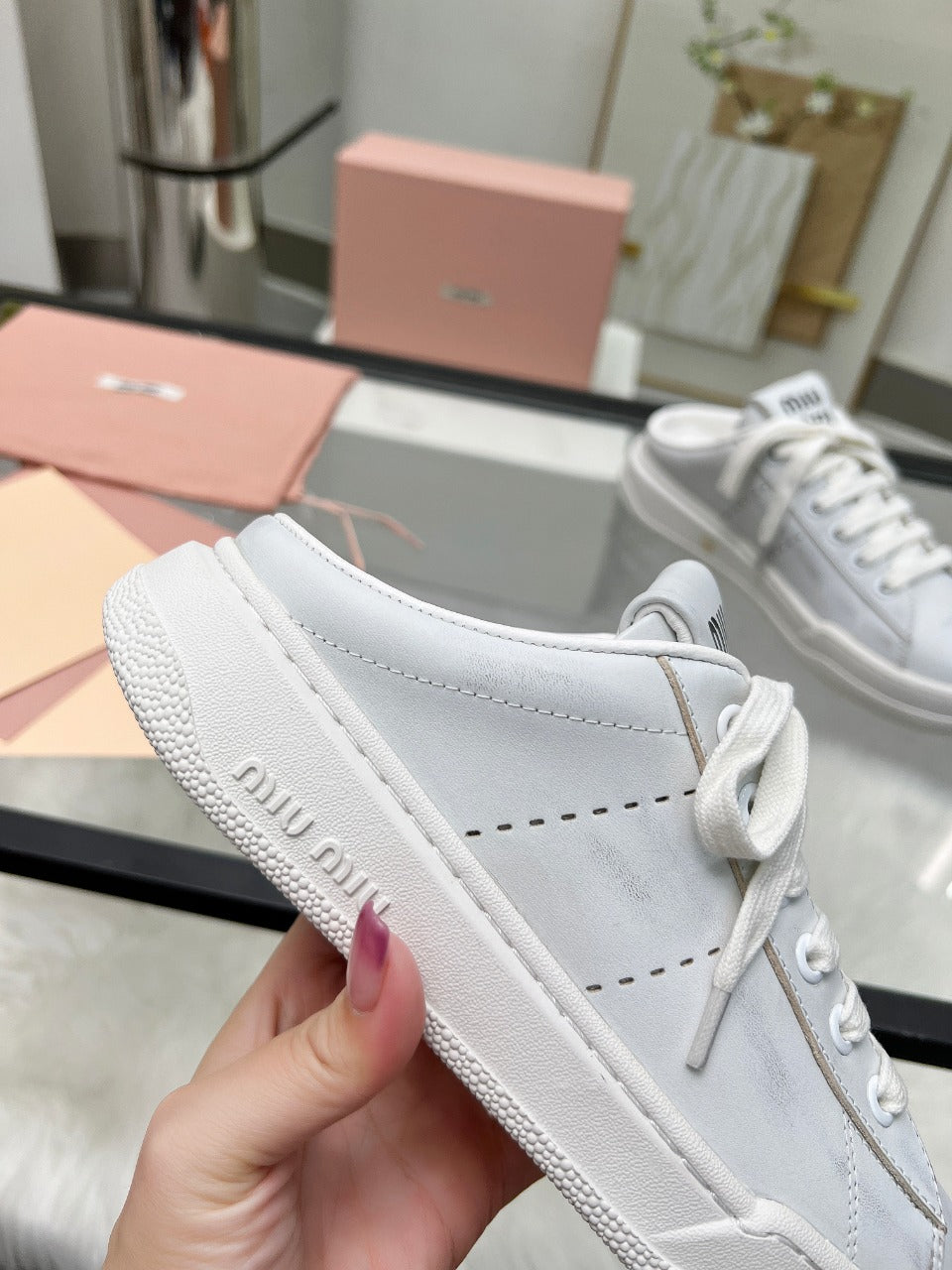 SNEAKER MULES IN WHITE BLEACHED CALFSKIN